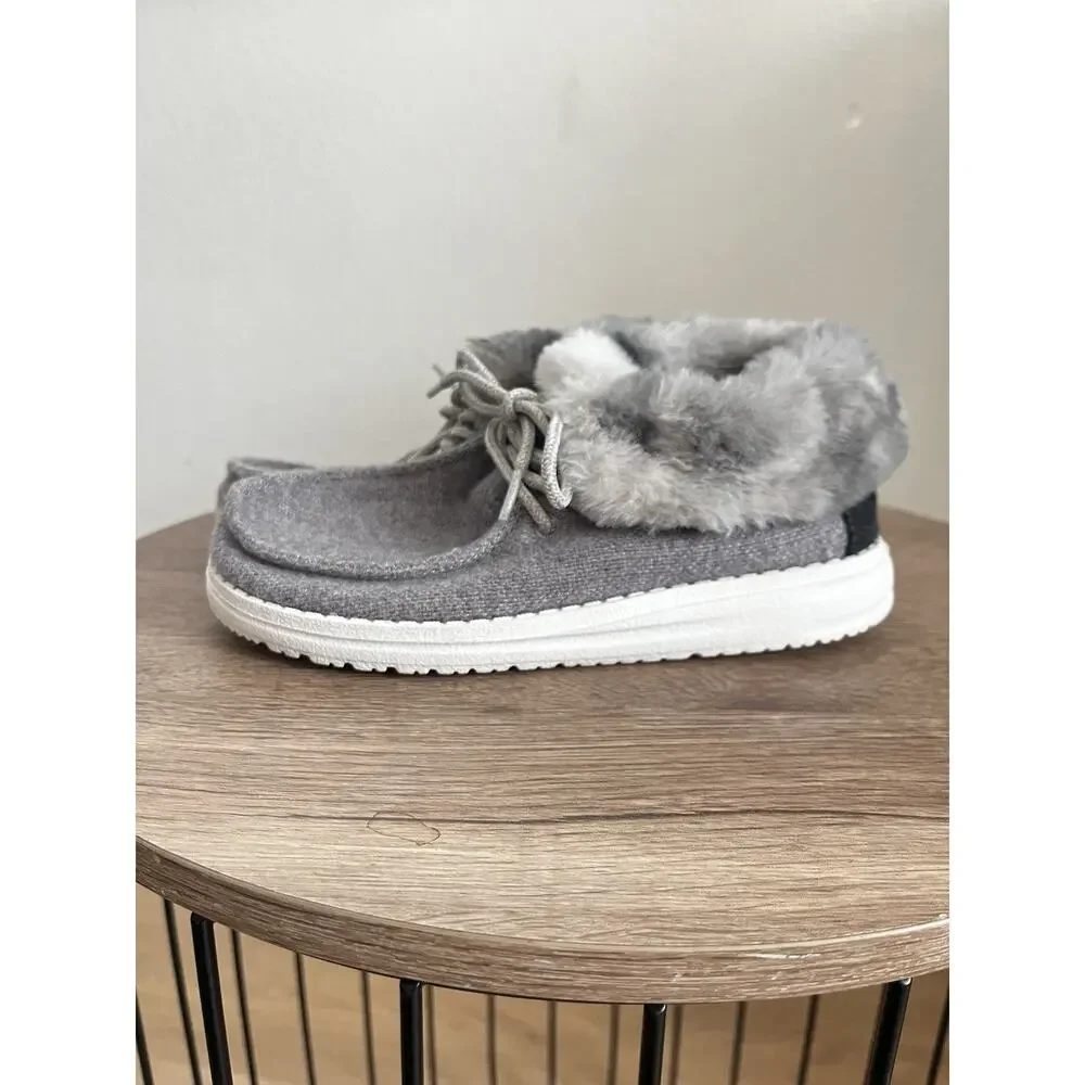 Hey Dude Shoes Youth 13 Britt Sneakers Gray Faux Fur Trim Lace Up Comfort Casual